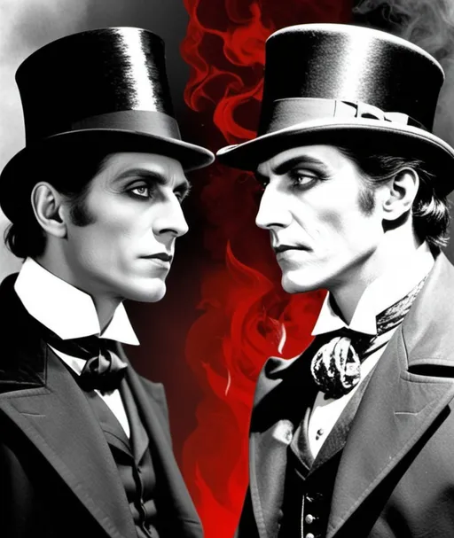 Prompt: Dr. Jekyll and Mr. Hyde, hot vs cold split personality in the style of Strange Case of Dr Jekyll and Mr Hyde, 1886 Gothic, by Robert Louis Stevenson.