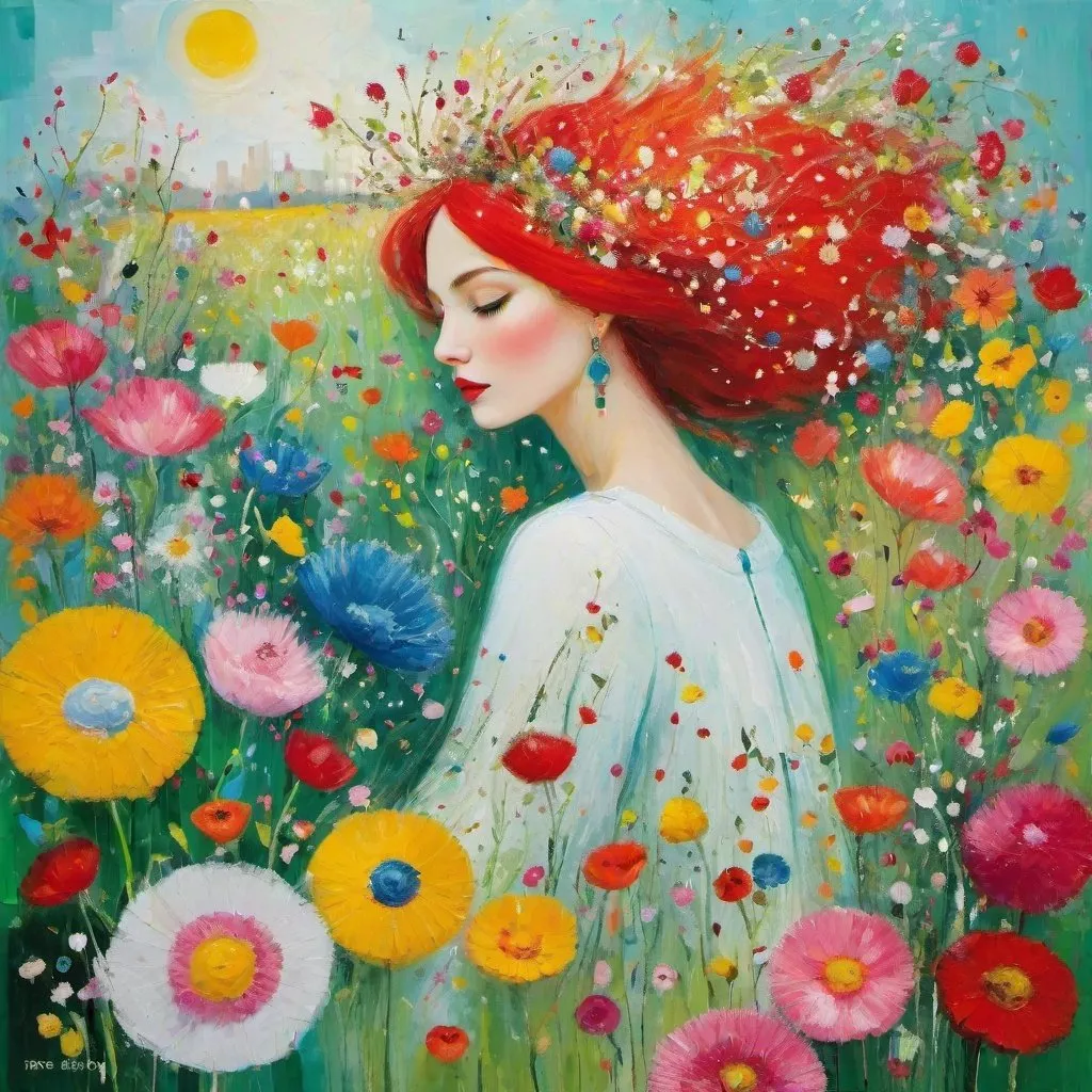 Prompt: Style By Paco yao, Florine Stettheimer, Dina Wakley, Elisabeth Fredriksson: Waking up in spring, a beautiful girl in a bed in the middle of a whimsical field of flowers, a vivid explosion of colors and visual stunning sensations, naive art, impasto, 