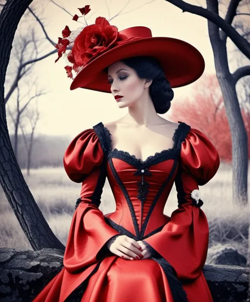 Prompt: Beautiful desolate lady, photonegative refractograph scarlet toile haute couture, red photo tone