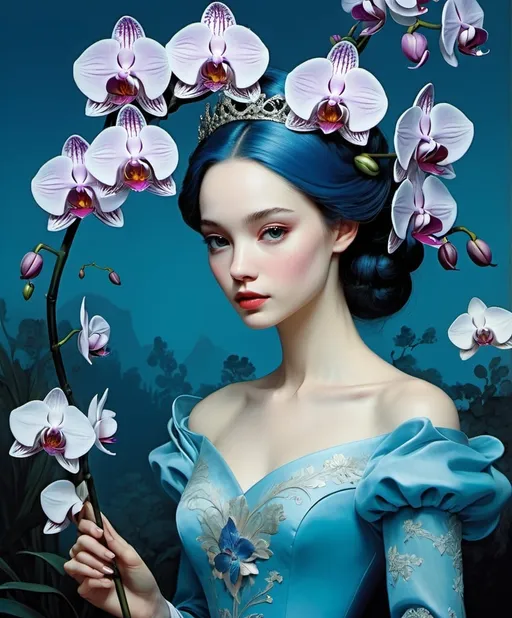 Prompt: A very pretty dreamy orchid princess is so blue, dragons are eating her flowers, style by Bob Peak, Antonio Lopez, Charles Conder, John Reuss, Justin Gaffrey, John Lowrie Morrison, Patty Maher, van Gogh, Valerie Hegarty, 3d, highest definition, rich colours.  