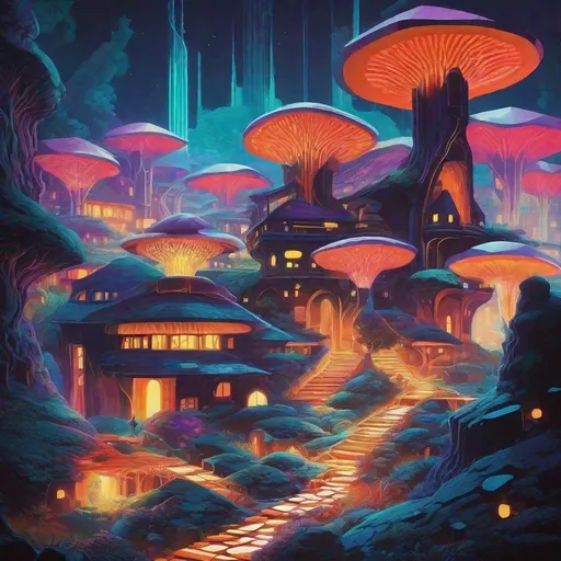 Prompt: fantasy phosphorescent architecture of beecomb village ,with glowing isometric mushroom creatures,a painted artwork overdose ,60s style by zaha hadid and henri fatin-latour 