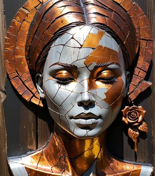 Prompt: a highly detailed abstract woman in rusted silver patina metal with beautiful vibrant colors, elements of kintsugi, the background is dark and there's a small rose glow on top of it, there are some cracks in the wood that have been filled with acrylic paint, the bottom half has golden streaks of light shining through from behind