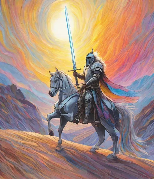 Prompt: bifrost, The horses and the night and the desert know me and the sword and the spear and the paper and the pen 