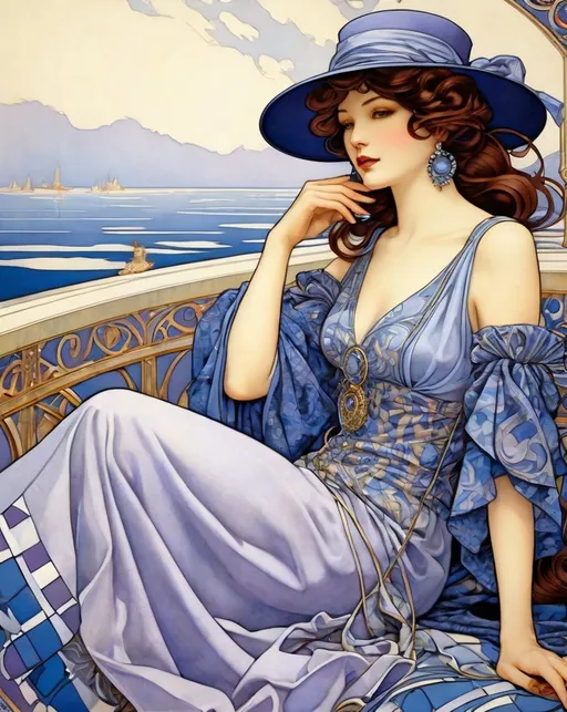 Prompt: sartorial sea princess, elegant, romanza, fine detail, houndstooth, checks, wooly, lavender, ultramarine, titanium, james jean, alphonse mucha, milo manara