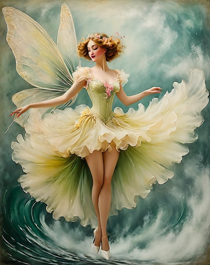 Prompt: This beautiful lady in her fluttering clothes, make my world go round, surreal photography in the style of Louis Icart, encaustic paint, mixed media, 3d, beautiful, best quality, highest definition, elegant