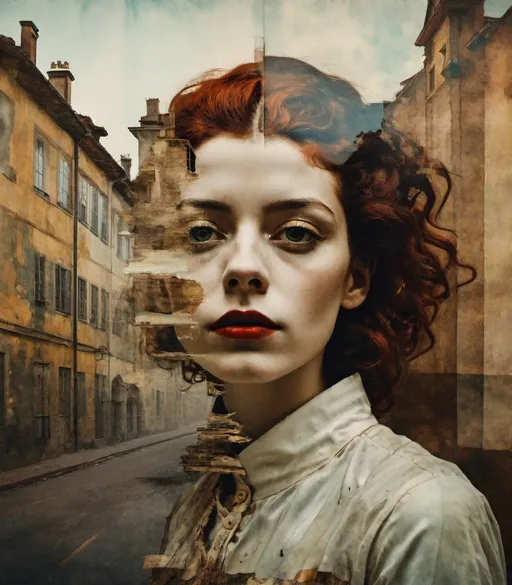 Prompt: A surreal double exposure photograph referencing Egon Schiele's expressive portraiture, with a medieval grunge interpretation that blurs the line between the subject's inner emotions and the decaying surroundings, Imagined by M A Aguilar.