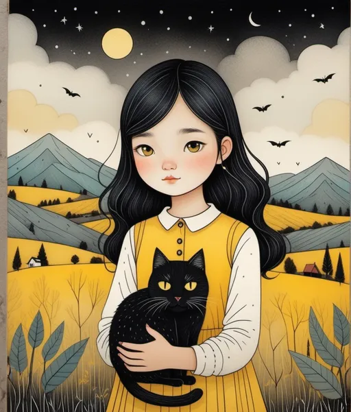 Prompt: Ghastly Girl wonder holding a beautiful yellow and black cat, Lim Heng Swee, Marc Johns, Kate Leth, dreamy landscape background, piercing odd colored eyes, encaustic texture.