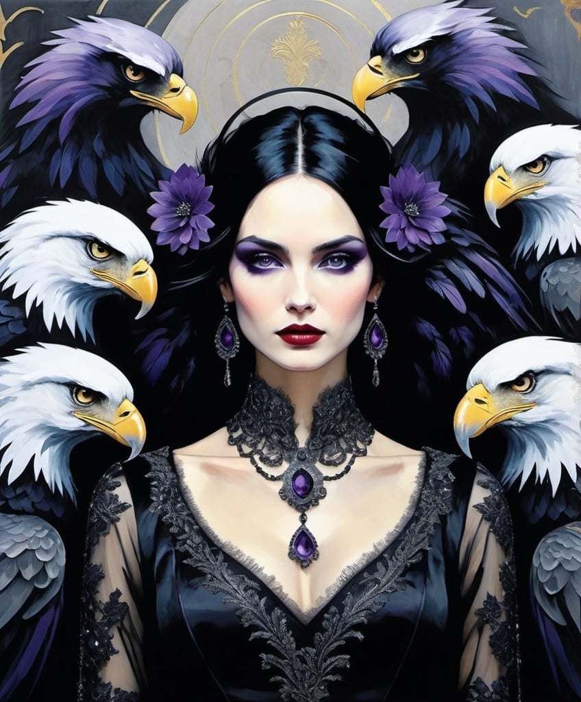 Prompt: Use style of Kees van Dongen, Paul Lovering, Mark Knight, Warren Ellis, Maciej Kuciara: Dim lighting, Gloomy atmosphere, Gothic pale woman with dark silver hair and violet eyes, surrounded by a circular formation of nine realistic, solemn big eagles with detailed feathers. The woman is centered and wears a long lace black dress with a high neck and long sleeves. Her attire includes an intricate golden embroidery with an elaborate design. The background is a smooth, dark gradient with subtle golden elements that echo the top arch of a halo or ornate frame.