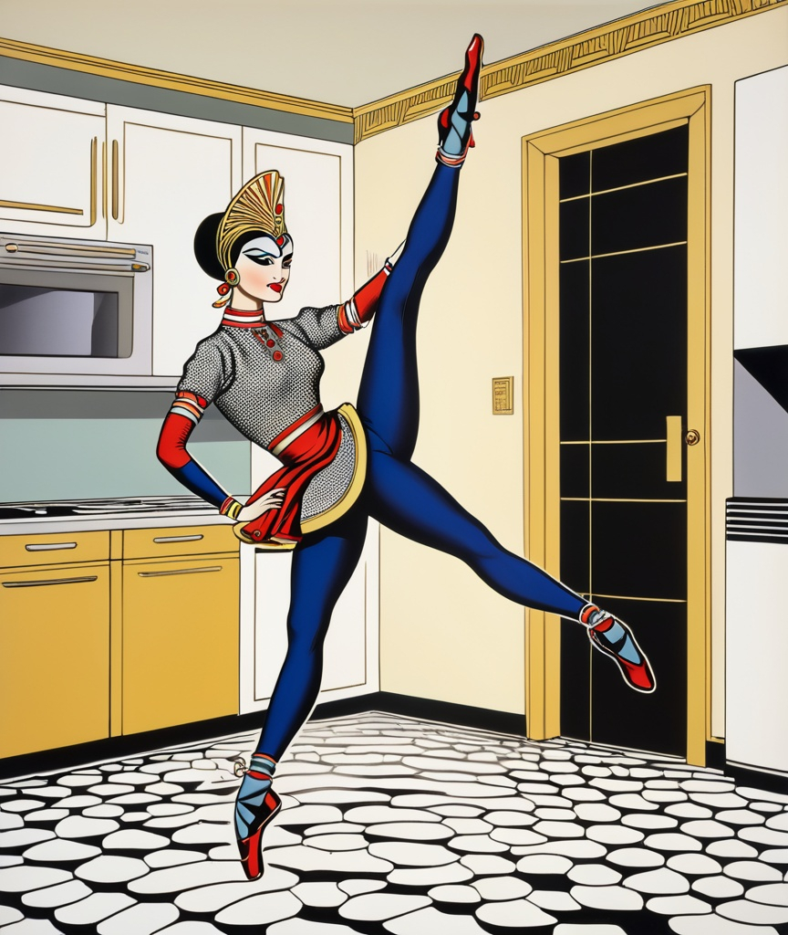 Prompt: In the "Dream Dancer" pose, the head tilts gently, one arm and leg reach skyward, while the opposite arm and leg curve earthward. caricature of yakshagana drawing by roy lichtenstein A ballet dancer does a pirouette, full-length portrait photo, a robot woman in her late 30s, full-figured and wide-hipped, in an ensemble that includes leggings, inside a kitchen, with a surprised anxious expression, discomfort, awkwardness. blurred modern kitchen background art deco retrofuturism of what people of the 1920s thought would be the bento technology of the "2024", vintage retrofuturism mechanics, technologies of the future but of the past, "2024" 