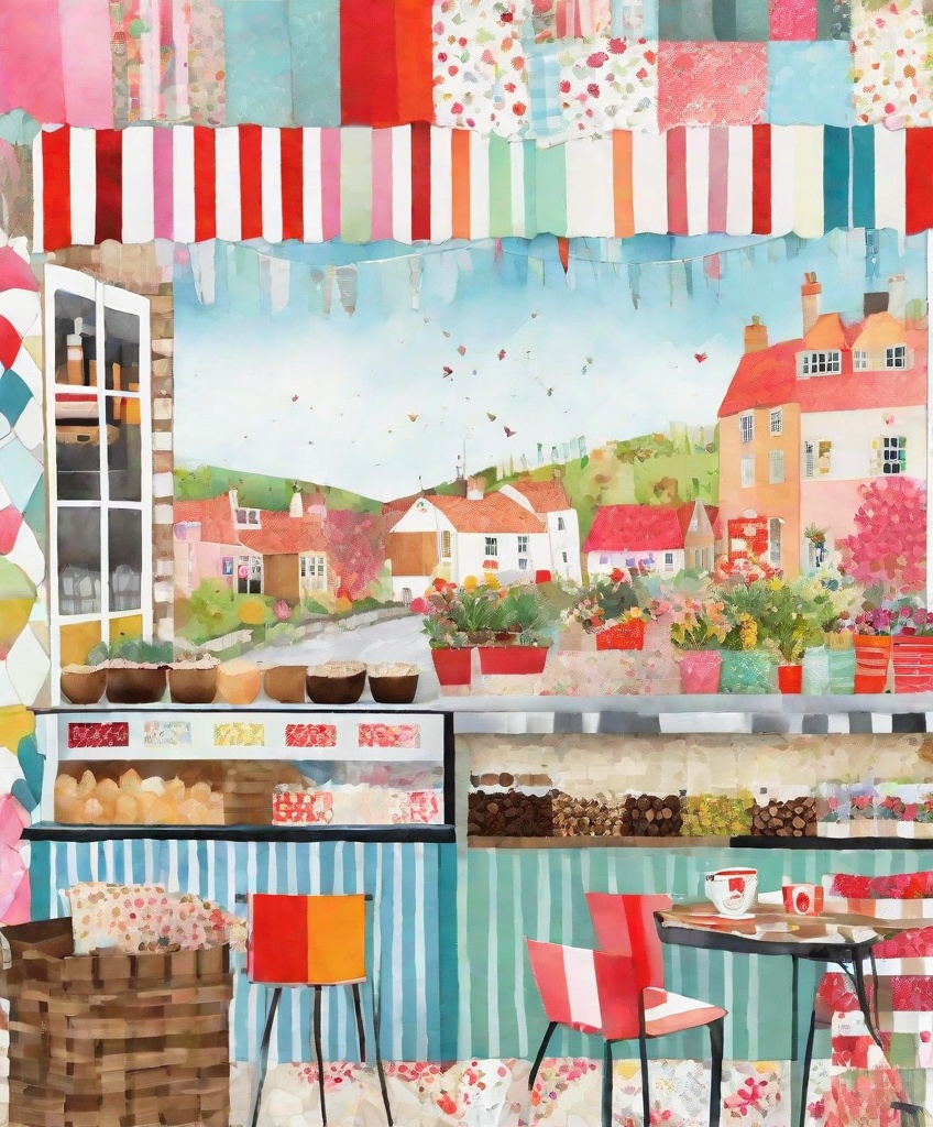 Prompt: a trash polka painting shows a coffee garage sale shop , in the style of lucy grossmith and victoria ball, colorful patchwork, chic illustrations, bright spring colors, floralpunk, windows vista, use of fabric 