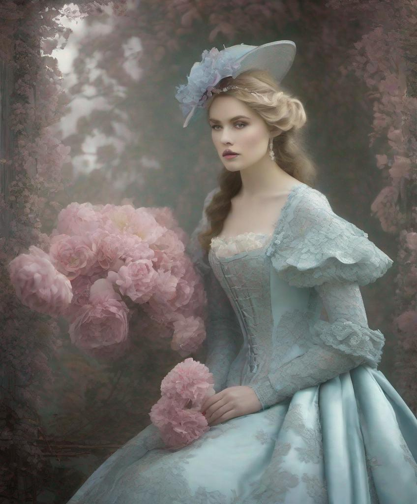 Prompt: New England Gothic beauty pastel couture photonegative refractograph 