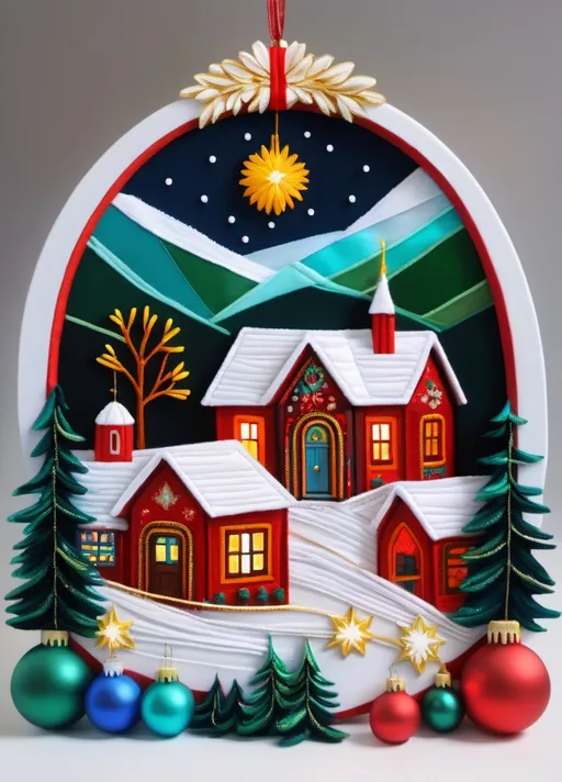 Prompt: 3d soft vivid winter ornaments folk art acrylic oil, constructivist glitch art, diorama, german Christmas scene, warm lights in the windows, extremely volumetric, silk ribbons embroidery, beadwork, intricately textured, in the style of heavy impasto texture, gorgeous best ever masterpiece, volumetric 