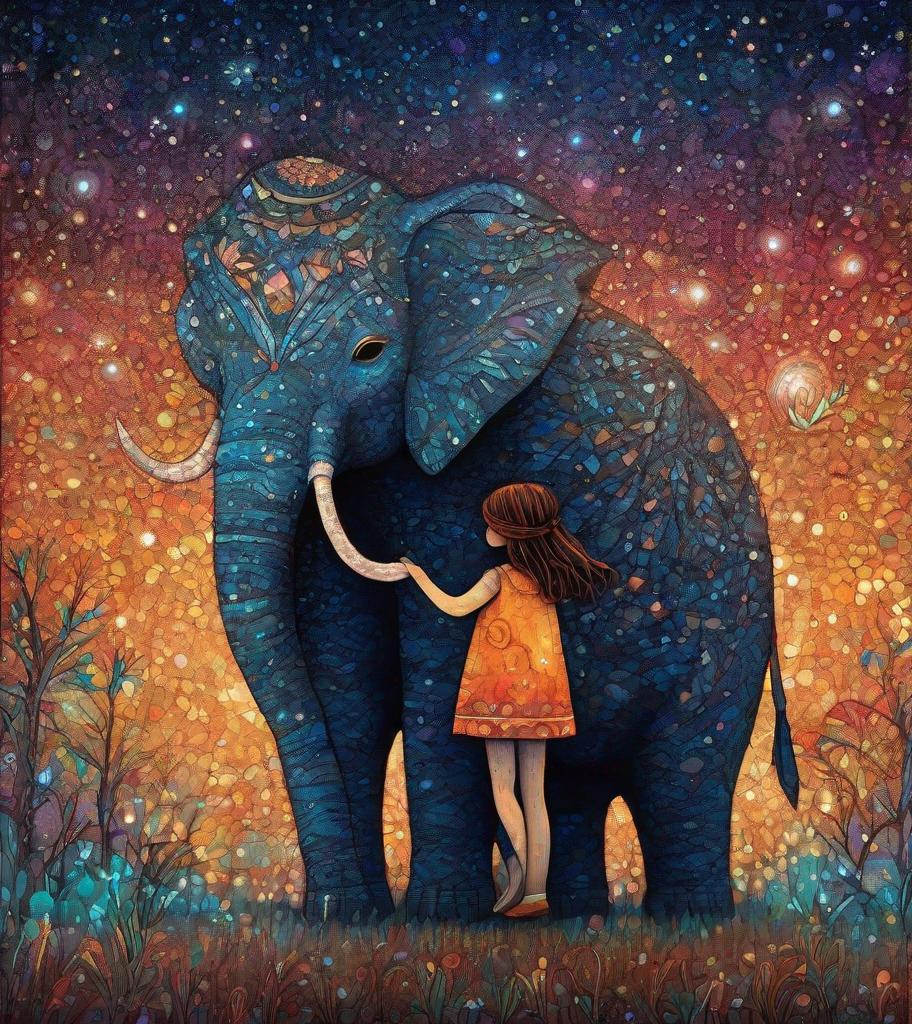 Prompt: The little native American super cute girl holding her star magic wand posing with her cute elephant friend. In style of james r eads and Sam Toft. Naive art, 3d, extremely detailed, intricate cinematic lighting, high definition 