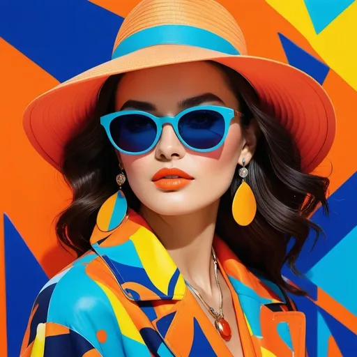 Prompt: bold brushstrokes, neon glamour, style by gosho aoyama and henri matisse, stylish woman with large sunglasses and a wide-brimmed hat, set against a vibrant, abstract background filled with bright splashes of neon orange, yellow, and blue. The image has a graphic, edgy feel, with bold, rough black lines outlining the woman's features and clothes, creating a contrast with the colorful patterns behind her. Her earrings dangle prominently, and she exudes a cool, confident air. The style is reminiscent of a modern digital collage or street art with a pop art influence. 