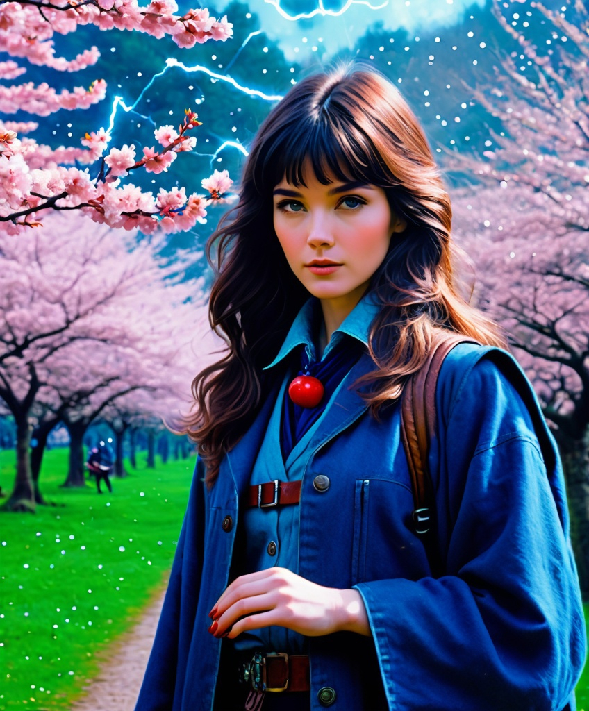 Prompt: cinematic movie quality, 1970's science fiction space opera, beautiful Irish girl meets her favourite drunken indigo wizard hobo, movie still from "The Indigo of Red Magic Dimensions", cinema, cinematic effects, beautiful scene, cherry blossom trees, indigo lazer bolts, hellscape adventure, epic  