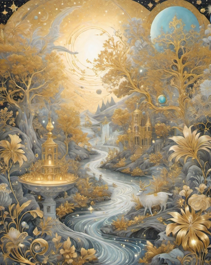 Prompt: will-o'-the-wisp golden hypermaximalism pencil illustration, celestial and ethereal manifestation of rococo fantastical ephemeral chaotic dreams and fantastical creatures in a terragenaic landscape, gold leaf everything 