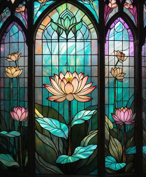 Prompt: a wireframe hologram of 3 stained glass windows, triptych, lotus flowers