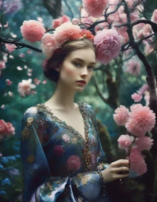 Prompt: Lovely pretty beautiful young lady, beautiful face, in a magical whimsical fashion forest in bloom art art by  Aline Smithson, Yves Saint-Laurent, Yulia Brodskaya, Edward Julius Detmold, Paolo Roversi, Thomas Edwin Mostyn, Hiro isono, James Wilson Morrice, Axel Scheffler, Gerhard Richter, pol Ledent, Robert Ryman. Guache Impasto and volumetric lighting. Mixed media, elegant, intricate, beautiful, award winning, fantastic view, 4K 3D, high definition, hdr, focused, iridescent watercolor and ink