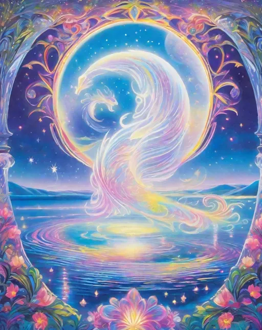 Prompt: Lisa Frank's style portrays a medieval legend where ethereal beings, illuminated as will-o'-the-wisps, dance around an ancient, moonlit lake. The scene is rich in romantic symbolism, with the will-o'-the-wisps depicted as delicate, ghostly figures. Their dance creates a mesmerizing pattern of light, leading the viewer's eye through the mystical, moonlit waterscape. 