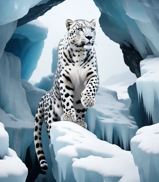 Prompt: Snowy white leopard, standing in an ice cave, medieval grunge, fantasy, digital painting, art station, hyperrealistic photography computer graphics, real rendering, photorealistic, intricate details, detail, sharp focus, Ultrarealistic, 16k