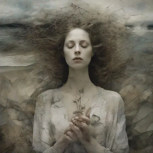 Prompt: She remains a very beautiful intricate tapestry of unanswered questions and tantalizing mysteries, shattered dreams by solitude art by Daria Endresen, Sarah Moon, Alastair Magnaldo, Lin Fengmian, Elger Esser, Rimel Neffati. 3d, watercolors and ink, beautiful, fantastic view, extremely detailed, intricate, best quality, highest definition