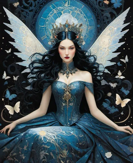 Prompt: comics cover by Bastien Lecouffe-Deharme, Hayv Kahraman, Erik Madigan Heck, Nicholas Hughes, Nicholas Hilliard, Daarken, faerietale couture, dark fantasy:: Whimsical beauty alice in wonderland, decoupage, intertwined with encaustic painting, impasto, ethereal foggy, craquelure, tempera effect, lanquerware with mother of pearl inlay, vampiress godess, spread dark dragon iridescent wings, in the asterism sky, medieval armor with geoglyph engraves, in action, with a heliocentric kinetic glowing spear, 
