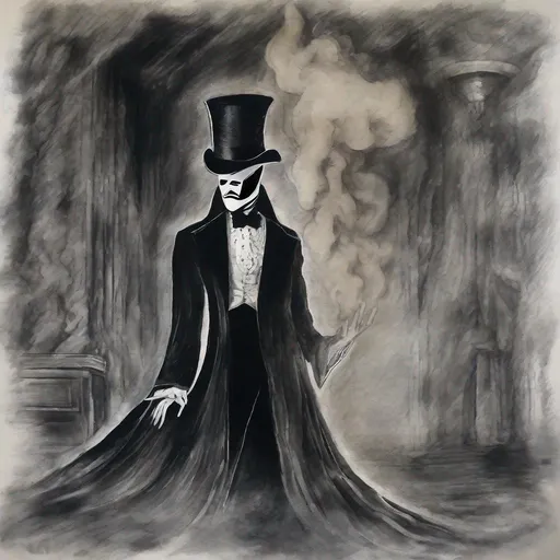 Prompt: Vanished picture of the Phantom of the Opera, a hint of victorian psychedelia, high contrast black and white, minimal: (basalt, tar, oil, sprinkled with chalk powder, watercolor and pencil outlined drawing), dominant colors: black and white and gray, worrying bizarreness, Phantasmagoria, horror theater, special effects Smoke and mirrors, Pepper's ghost, Off-Broadway, The Masque of the Red Death 