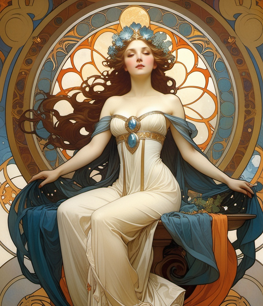 Prompt: symphonic sorceress, gorgeous, glamours, radial energy, sapphic show, james jean, alphonse mucha, William - Adolphe Bouguereau