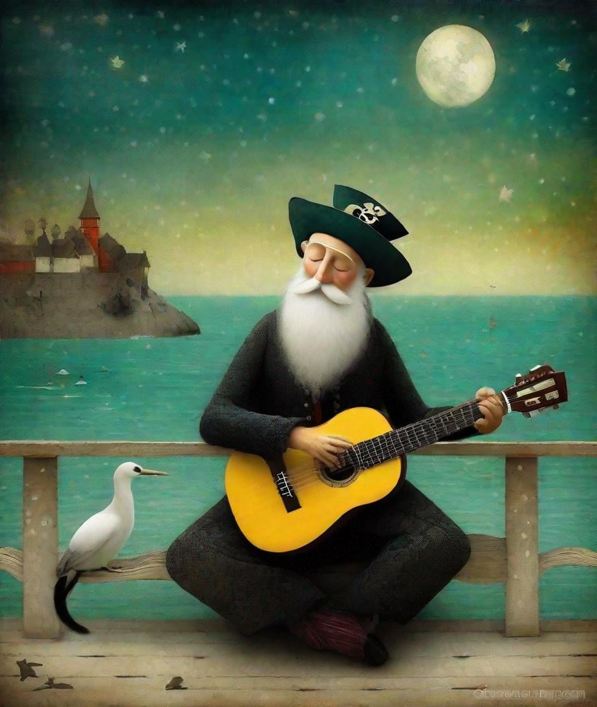 Prompt: Style by Gabriel Pacheco, Catrin Welz-Stein, Dee Nickerson, Kathleen Lolley, Tara McPherson, The wandering old mythical pirate wizard plays a whimsical tune on his guitar, by the sea moonlight, whimsical, Vivid colors, beautiful, dreamy. 