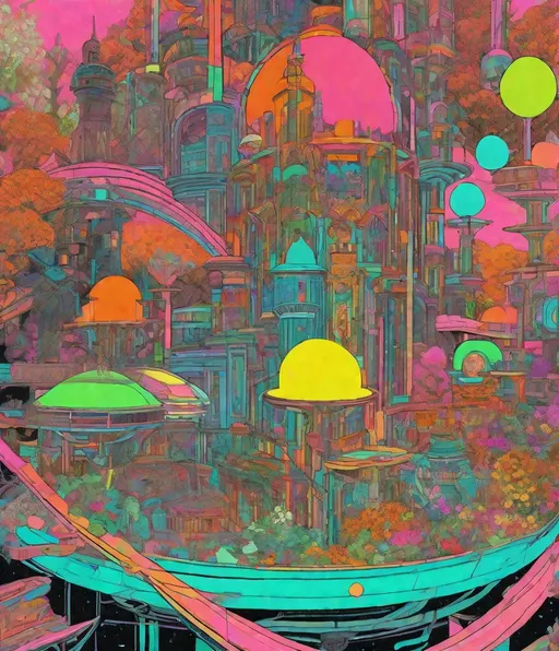 Prompt: neon victorian, bifrost in a setting full of flowers, in the style of anime aesthetic, colorful moebius, stipple, pop art references, art brut influences, 1970’s woodblock, gwen frostic print, vintage, faded, pink orange green brown, grainy, children’s book illustration, nature poem illustration, retrofuturism, steampunk synthwave 