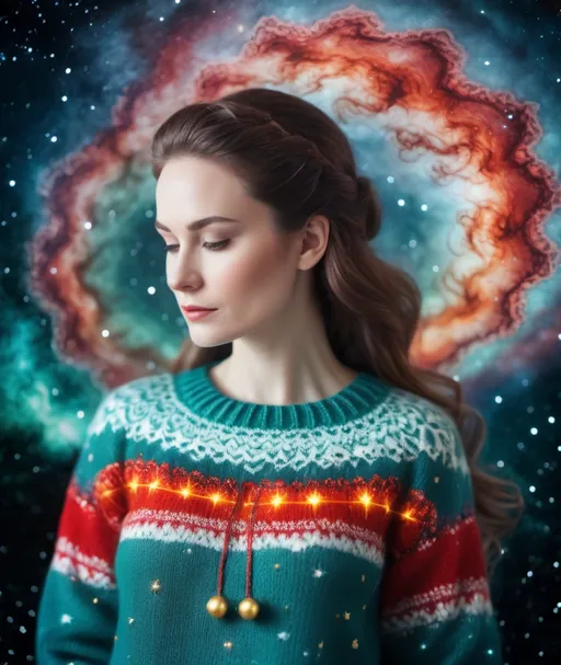 Prompt: She is a celestial demiurge knitting circle knitting into existence Jupiter's atmosphere made of knitted ugly sweater, macro Hubble photography double-exposure 