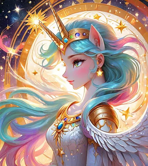 Prompt: In this heliocentric masterpiece, Princess Celestia is portrayed as the radiant sun herself, surrounded by a cosmic tapestry of swirling galaxies and celestial bodies. Her majestic wings extend like solar flares, casting a warm and golden glow that bathes the entire canvas. The sunburst cutie mark on her flank serves as the epicenter of a heliocentric system, with beams of light radiating outward, symbolizing her benevolent rule over Equestria. Celestia's flowing mane and tail cascade like solar winds, trailing behind her in vibrant hues that mirror the colors of a sunset. Her eyes gleam with the wisdom of the cosmos, reflecting the vastness of space and time. The regal alicorn stands tall, her silhouette a beacon of light against the cosmic backdrop. The celestial surroundings are adorned with constellations shaped like familiar elements of Equestria – a moon, stars, and other whimsical symbols. The overall effect is a harmonious blend of majestic power and ethereal beauty, capturing Princess Celestia as the sun sovereign, the focal point of a heliocentric universe. 