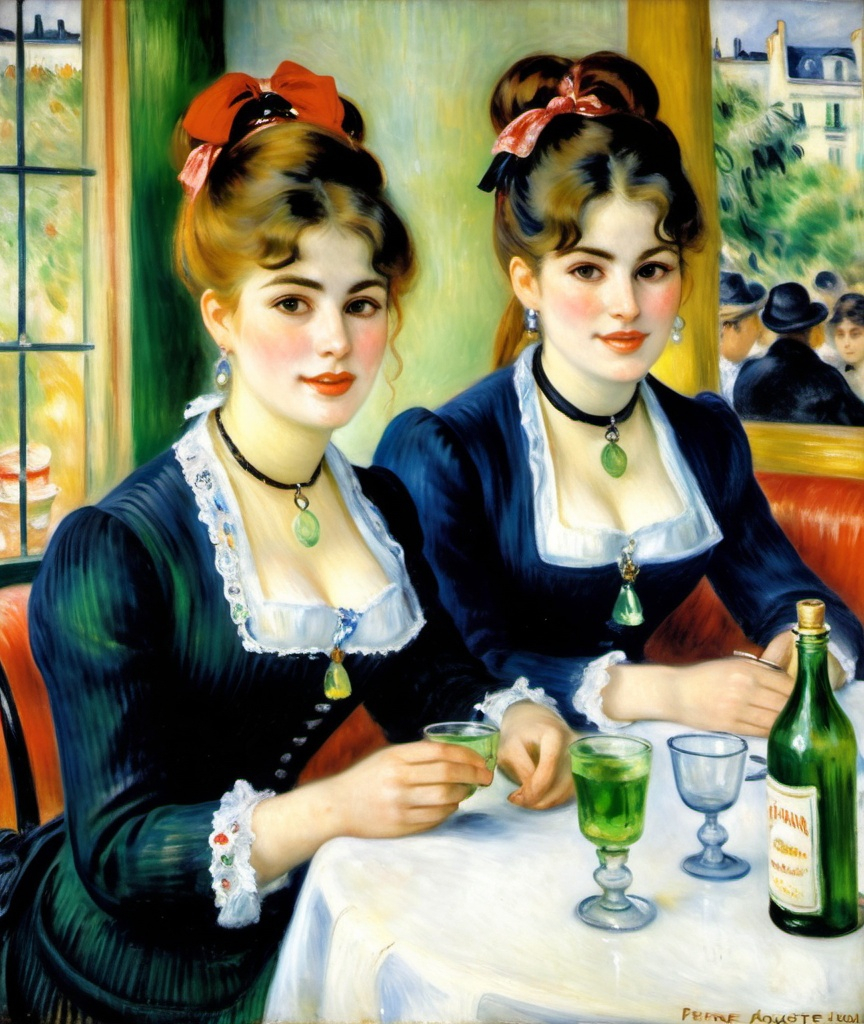 Prompt: Impressionist painting of twin sisters, seated in *Bentonite* chairs, enjoying absinthe in a Paris bistro in 1898, painted by Pierre-Auguste Renoir. 