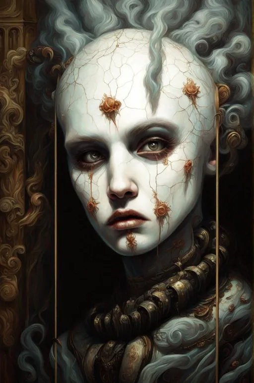 Prompt: Oil on canvas, a ghostly beautiful entity, cracked white face make-up, peeking out from behind a colonnade art by Sabbas Apterus and Michael hussar 
intricate beautiful award winning fantastic view