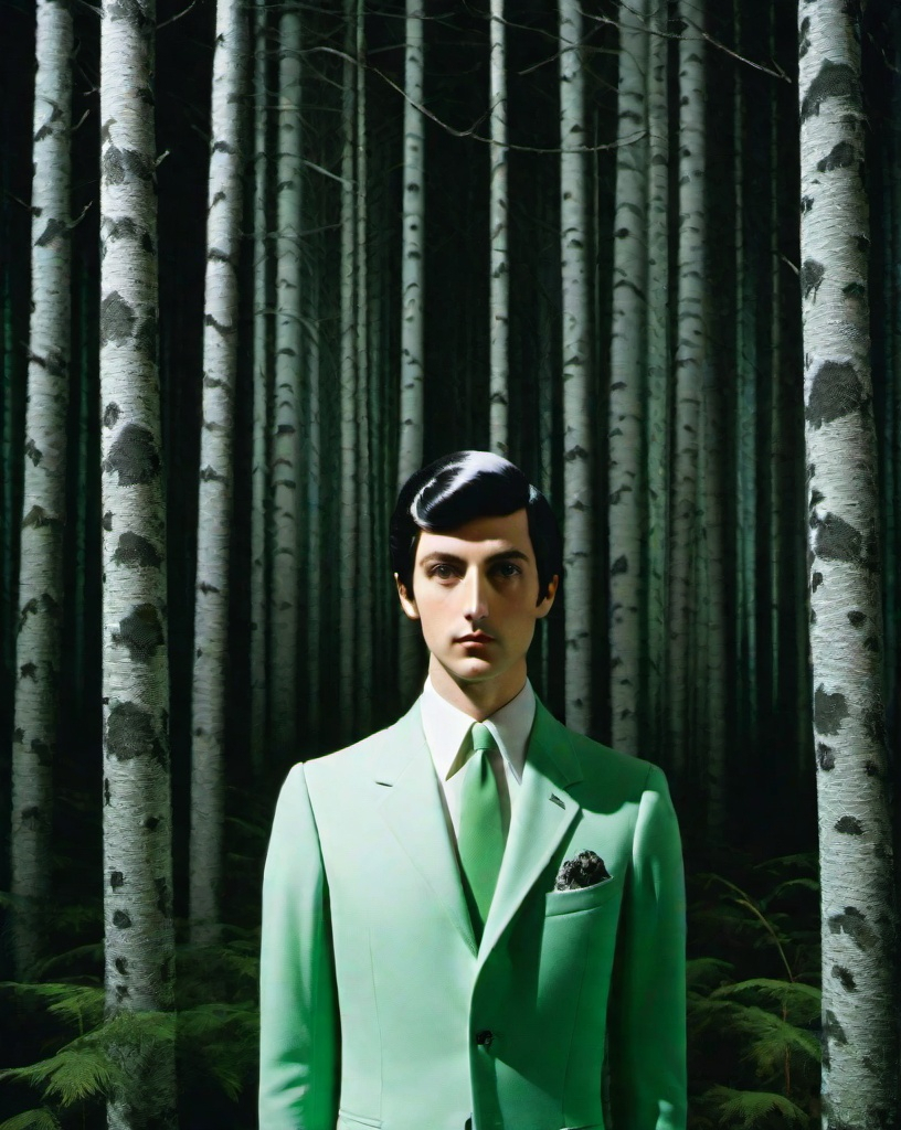 Prompt: maximalist Will-o'-the-wisp prince of the fornasetti forest, by laurie simmons, minimal male figure in 1970s hairstyle