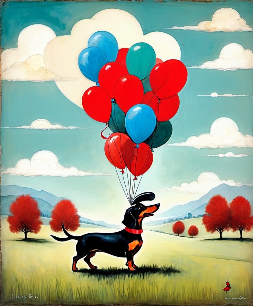 Prompt: A dachshund dog wrapped in red ribbons and being lifted by seven red balloons while a cute girl laughs about it, whimsical background, dreamy surreal quality, Encaustic paint, style by Jessica Roux, Sam Toft, Sue Reno, Valerie Hegarty, catrin Welz-stein, J. E. H. MacDonald, Alasdair Gray, Yvonne Coomber, Sergei Diaghilev, Dan Colen, Jan Brett