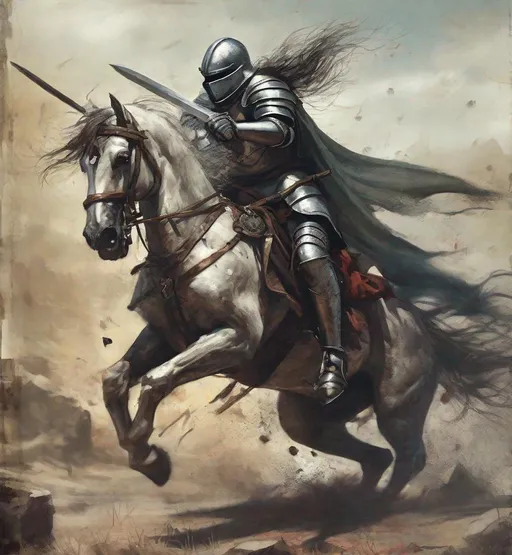 Prompt: A high-speed freeze frame of a medieval grunge knight charging into battle on horseback, art by Rocio Montoya