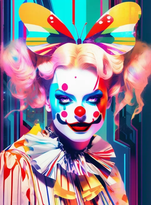 Prompt: glitched clown girl, Constructivist Glitch Art, vivid, lucid, ethereal:: butterfly as butter