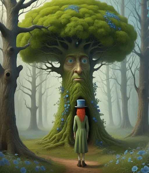Prompt: anthropomorphic tall green tree with blue flowers, good tree with friendly old face and a hat, carrying the lonely pretty brave girl, wild red hair, grey eyes in it branches concept art by igor morski , John Leech, Arnold Lobel, John Kenn Mortensen, Marjorie Miller, jean Baptiste monge, Kelly McKernan, whimsical forest, magical night, surreal dreamlike portrait, fantasy, imaginative, beautiful, colorful, extremely detailed, intricate, lovely, award winning fantastic