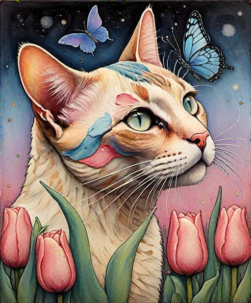 Prompt: encaustic texture gradient crossed colors, a whimsical beautiful cat profile looking up with a butterfly perched in its nose, in a field of tea rose tulips, piercing odd colored eyes, twilight sky, Marc Johns, Javier Mariscal, Charles Rennie Mackintosh  style