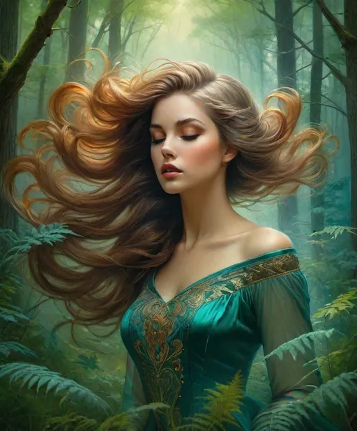 Prompt: The beautiful young lady with blowing hair illustration art by Delphin Enjolras, Daria Endresen, Tristan Eaton. Whimsical forest background, Extremely detailed, intricate, beautiful. 
