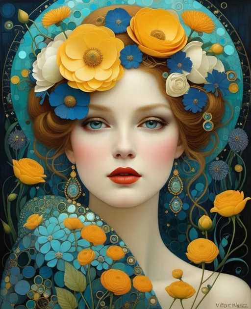 Prompt: inspired by Catrin Welz - Stein, Victor Nizovtsev, Gustav Klimt, highly detailed and elegant painting, organic surrealistic shapes, exquisite composition, intricate detail, ultra maximalism, flowers