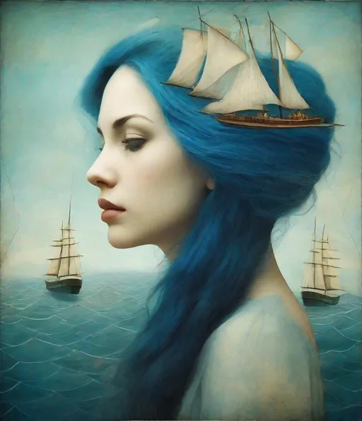 Prompt: In style of christian Schloe and daria Petrilli, a beautiful young lady, profile portrait, her very long and wild  blue hair flows like a sea with sailing boats and fishes in it. Double exposure, Naive art, extremely detailed, optical illusion, oil painting 