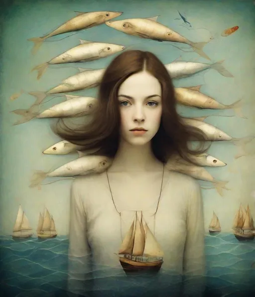 Prompt: In style of christian Schloe and daria Petrilli, a beautiful young lady with hair that flows like a sea with sailing boats and fishes in it. Double exposure, Naive art, extremely detailed, optical illusion, oil painting 