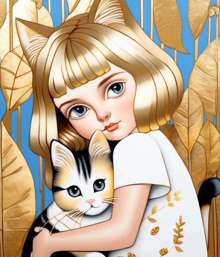 Prompt: gold leaf girl and cute cat in margaret keane style 