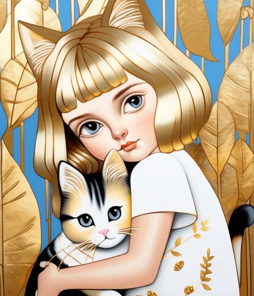 Prompt: gold leaf girl and cute cat in margaret keane style 