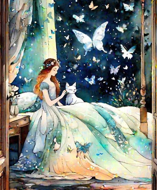 Prompt:  A lovely beautiful girl in magical fantastic bedroom with whimsical animals , cats,  butterflies and art by Florence Harrison, Yulia Brodskaya, catrin Welz Stein, Rosalba Carriera, pol Ledent, Doug Chinnery, Maud Lewis, Valerie Hegarty, Endre Penovac, Justin Gaffrey. inlay, watercolors and ink, beautiful, fantastic view, extremely detailed, intricate, best quality, highest definition, rich colours. intricate beautiful dynamic lighting award winning fantastic view ultra detailed 4K 3D high definition hdr 