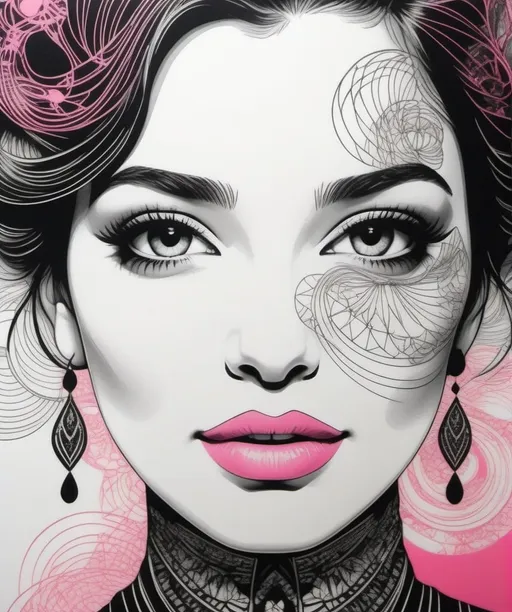 Prompt: Sketch intricate Ink Etching lines of A beautiful woman face, closeup, Hans Erni, Petros Afshar, Lisa Congdon, Lucienne Day print style, modern european ink painting, intricate lines drawings, decoupage, black, pink and white gradient coloring, a detailed drawing