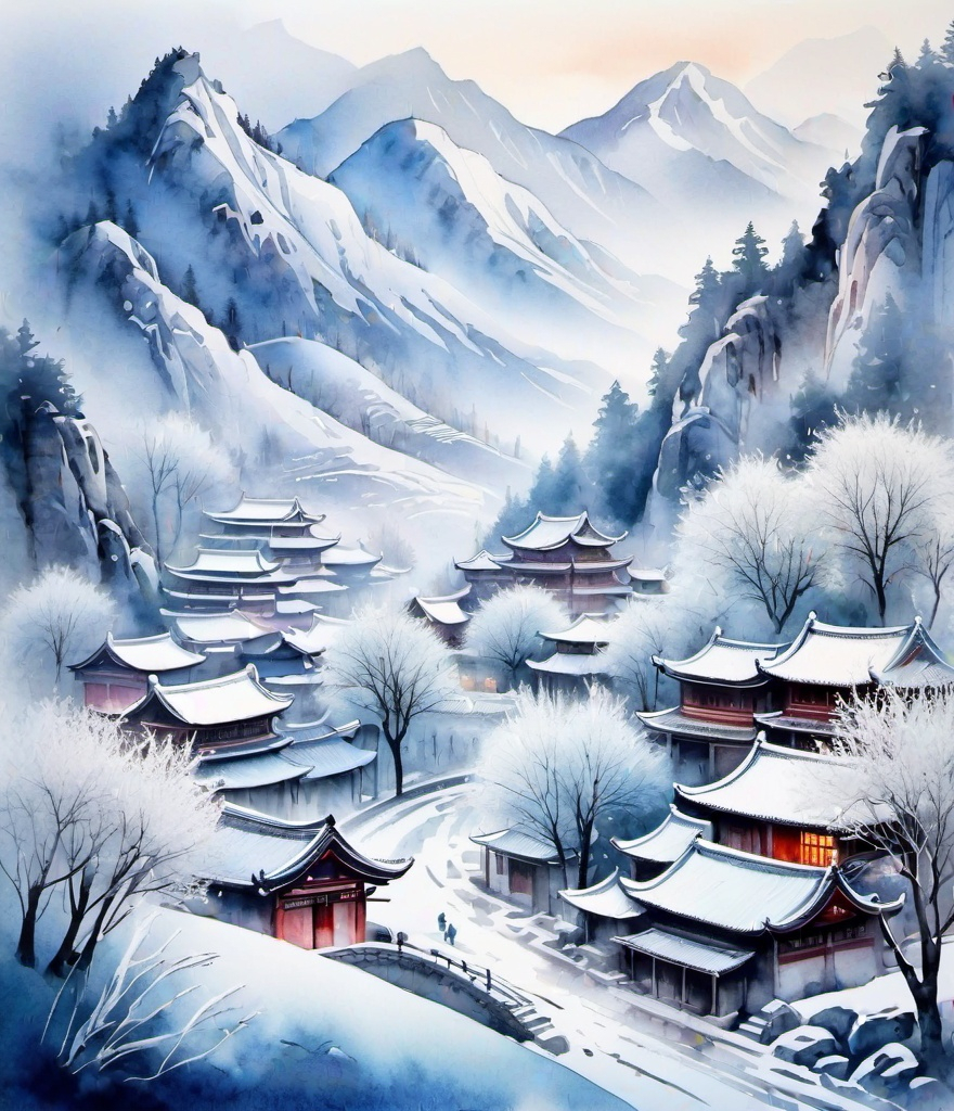 Prompt: surreal, portrayal of beautiful mountain village in a traditional, magical, frost. Dreamy mood , delicate watercolor painting, Trees with veins, forming frost, chinese style