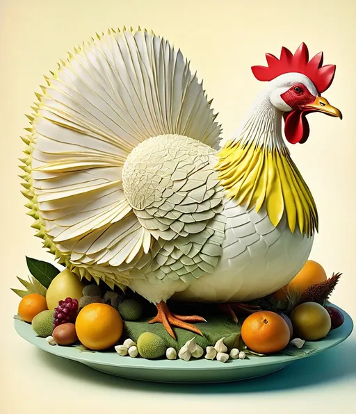 Prompt: A surreal depiction of a 'Durian Turducken'. Imagine a large, stylized turkey with a surrealistic twist in a dreamlike landscape. As the turkey is sliced open, it reveals layers of a duck and then a chicken, each progressively smaller. Within the innermost layer, the chicken, there's an unexpected core: a durian with its spiky exterior and creamy interior. This bizarre combination creates a striking contrast between the poultry and the exotic fruit. The background is whimsical and dreamlike, enhancing the surreal and imaginative nature of the concept. --no depth of field